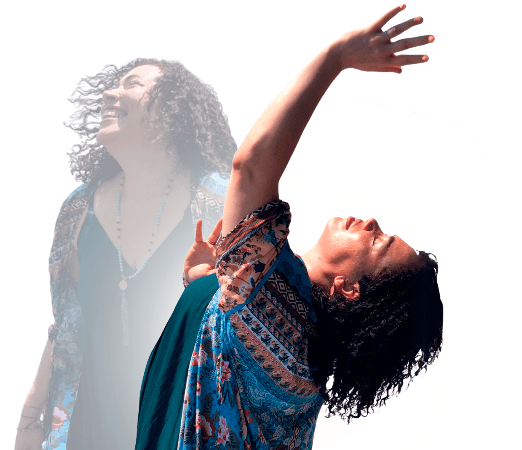 A person with curly hair and a beaded necklace joyfully raises their arms. They wear a patterned shawl over a teal outfit, smiling and leaning back with eyes closed. The image conveys a sense of freedom and happiness.